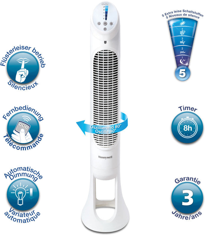 Honeywell Turmventilator QuietSet – 23 W, 5 Stufen, oszillierend, Timer, Fernbedienung