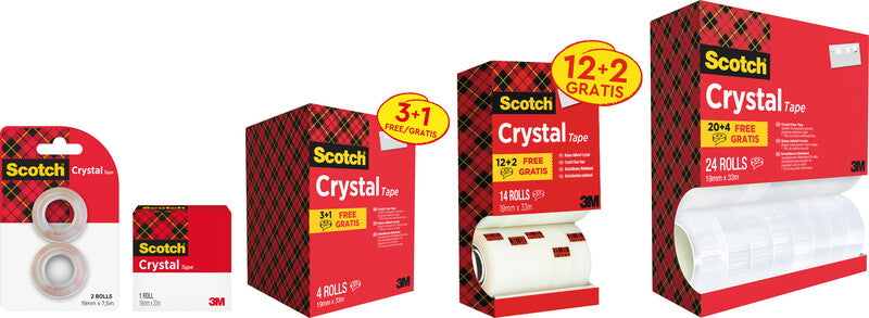 Scotch Büro-Klebeband Crystal – permanent, Kunststoff, 19 mm × 7,5 m, transparent, Kern Ø 25 mm, 2 Rollen