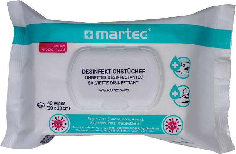 MARTEC Desinfektions-Reinigungstücher, feucht – für abwaschbare Oberflächen und Hände, weiss, 40 Stk.