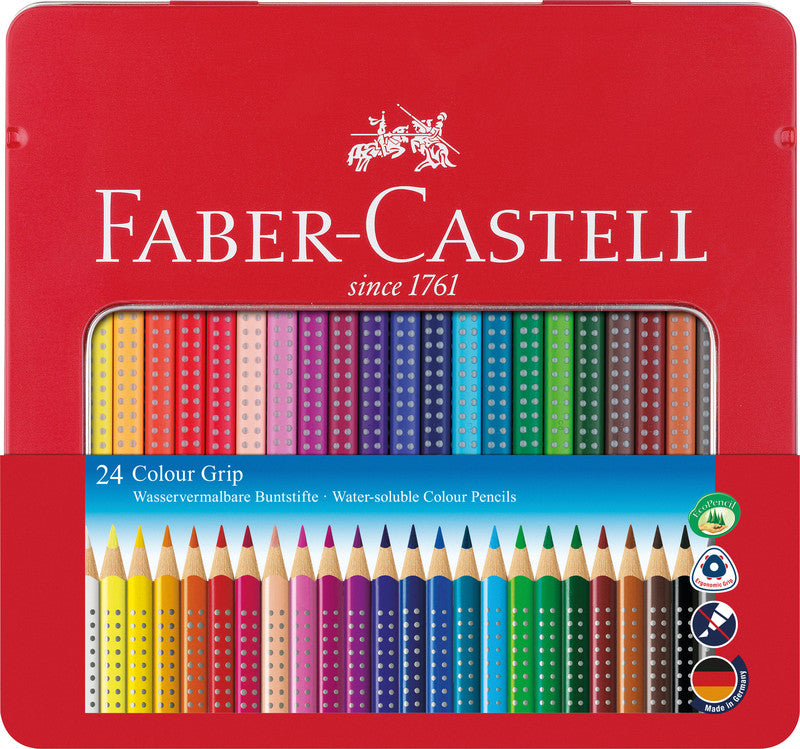 Faber-Castell Aquarellfarbstifte Colour Grip 2001 – 24 Farben, im Metalletui, Ø 3 mm, dreikantig, FSC