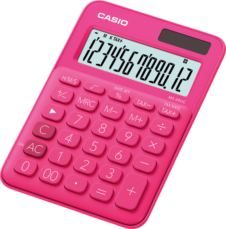Casio Tischrechner MS-20UC – 12-stellig, LCD, Solar + Batterie, rot, 105×150×23 mm