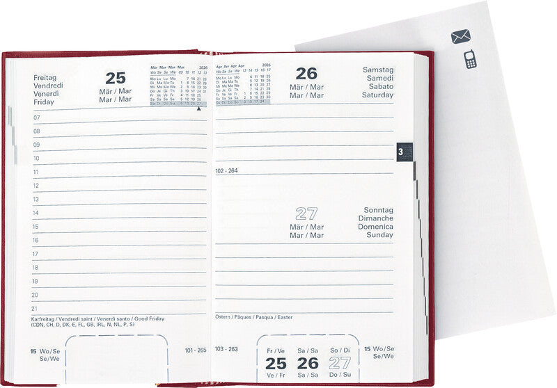 Biella Disponent Agenda – 1 Tag pro Seite, gebunden, 10,1 × 16,0 cm, 2026, 1-h-Takt, weinrot, FSC