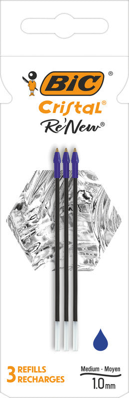 BIC Kugelschreiber-Mine Cristal RE'NEW – Blau, 1 mm, geruchsarm, 3 Stk.
