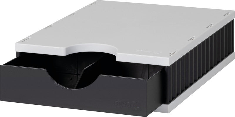 Styro Briefkorb – mit Griffausschnitt, mit Beschriftungsfeld, schwarz/grau, B 248 × H 84 × T 331 mm