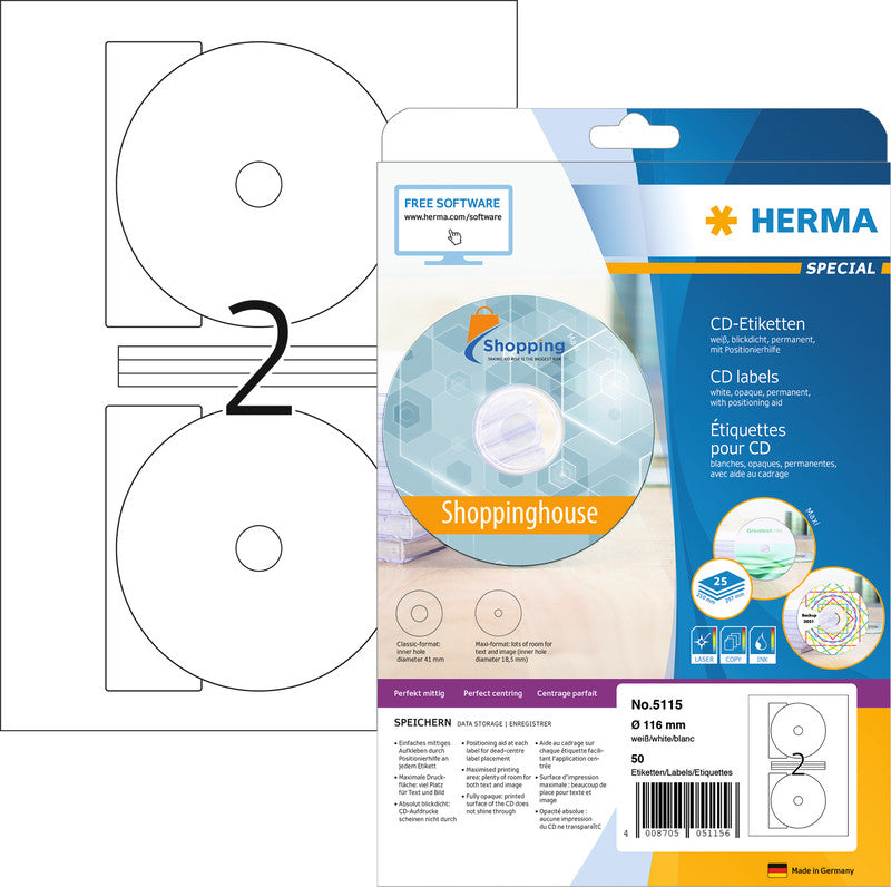 HERMA CD-/DVD-Etiketten, Ø 116 mm, weiss, Papier, permanent, 50 Etiketten (25 Blatt)