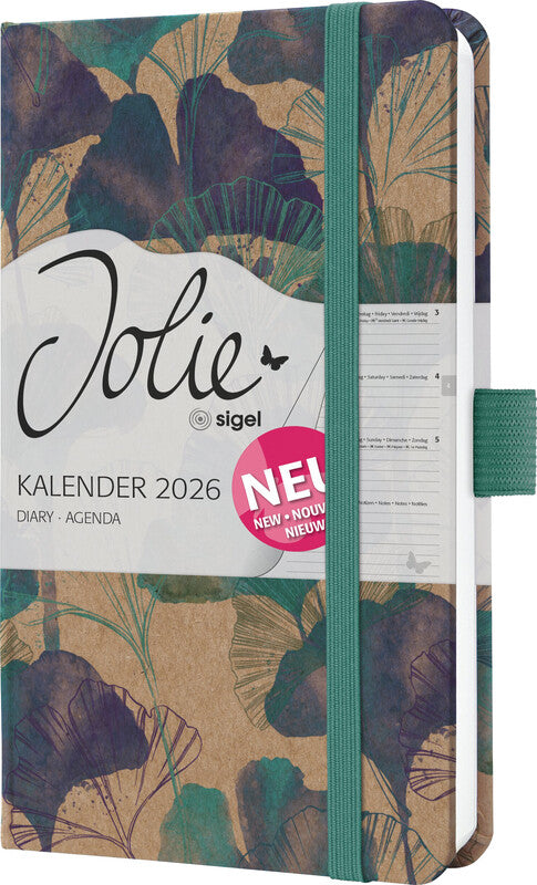 Sigel JOLIE Pure Agenda – 1 Woche/2 Seiten, gebunden, A6, Jan–Dez 2026, mehrsprachig, Moonlight Ginkgo, FSC
