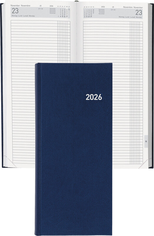 Biella Tower Agenda – 1 Tag/2 Seiten, gebunden, 13,5 × 31,5 cm, 2026, mehrsprachig, dunkelblau, FSC