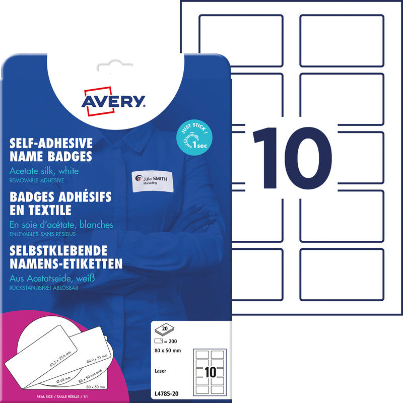 Avery Textiletiketten, 80 mm × 50 mm, weiss, Textil, selbstklebend, 20 Blatt (200 Etiketten)