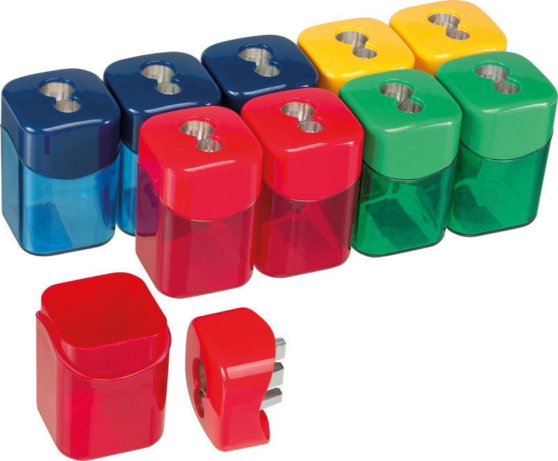 Linex Spitzer – manuell, 2-Loch, mit Behälter, für Blei- & Buntstifte, für Ø 8 & 11 mm, Kunststoff, assortiert