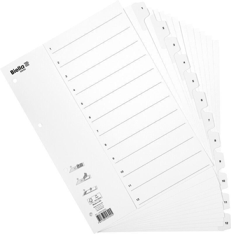 Biella SmartIndex Register – A4, 12-teilig, Karton, weiss, vorgedruckt, 11-fach Lochung, für A4-Ordner