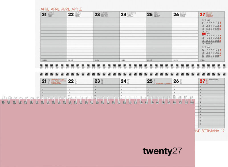 Biella Bunte Agenda – 1 Woche/2 Seiten, Spiralbindung, 29,7 × 10,5 cm, Jan–Dez, 2027, Rosa, FSC