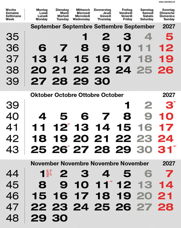 Calendaria 3-Monats-Kalender, 3 Monate pro Seite, 2027, 31 × 40 cm, d/f/i/gb, Spiralbindung, mit Datumsschieber