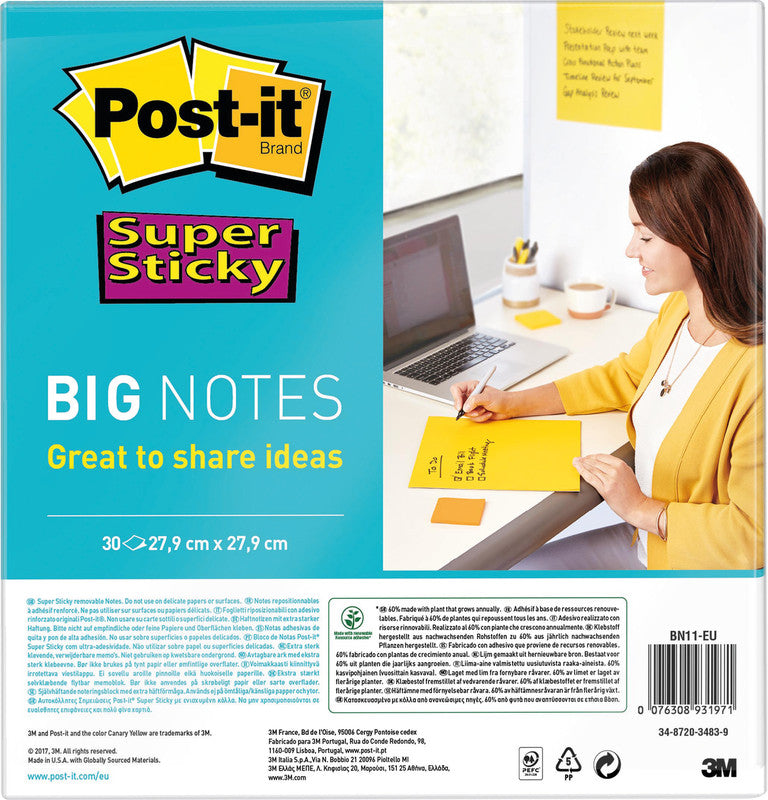 Post-it Super Sticky Haftnotizen – 279×279 mm – Gelb, 30 Blatt, PEFC