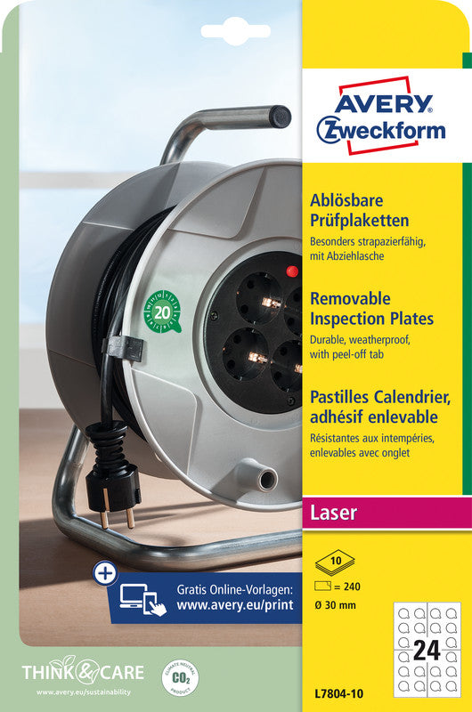 Avery Zweckform – Prüfplaketten, Ø 30 mm, weiss, Kunststoff, permanent, 240 Etiketten