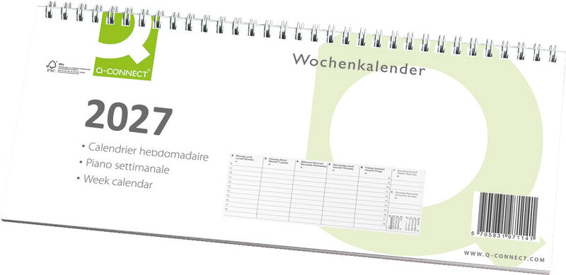 Q-connect Wochenplaner – 1 Woche/1 Seite, Spiralbindung, 28,5 × 12,0 cm, Jan–Dez 2027, mehrsprachig, FSC