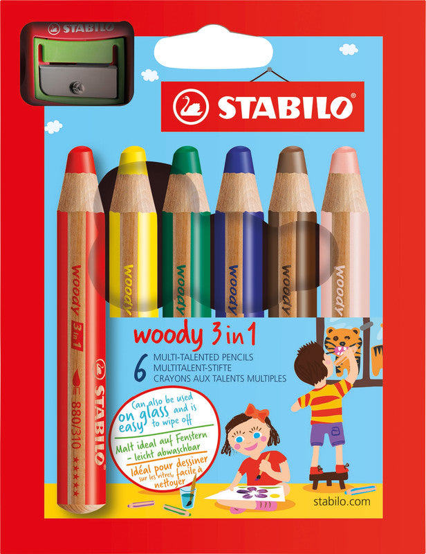 STABILO 3-in-1 Farbstifte woody – 6 Farben, im Kartonetui, mit Spitzer, Ø 4,2 mm, PEFC