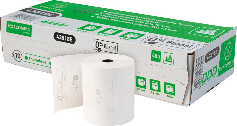 Exacompta Thermorolle 80 × 72 × 12 mm, 76 m, 52 g/m², phenolfrei, weiss