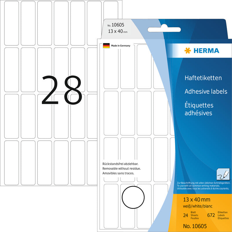 HERMA Schuletiketten – 13 × 40 mm, Abgerundete Ecken, 672 Stk, 24 Bogen, Papier