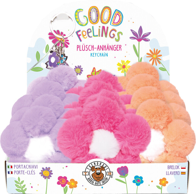 Trendhaus Schlüsselanhänger – rund, Kunststoff, B 75 × H 30 mm, assortiert, Motiv "Blume Good Feelings"