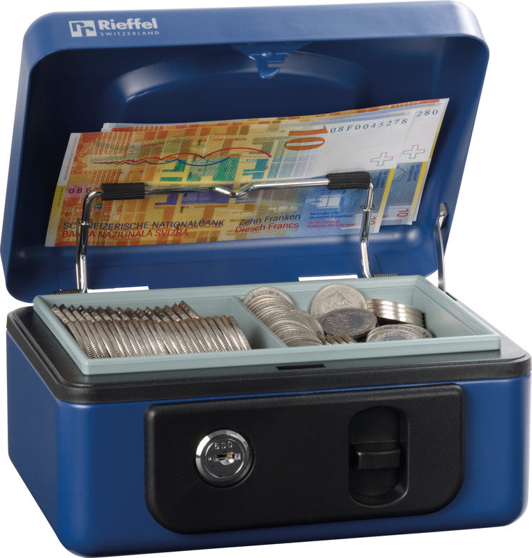 Rieffel Geldkassette – mit Schlüssel – 16,5 × 12,5 × 8,6 cm – Blau – Stahl