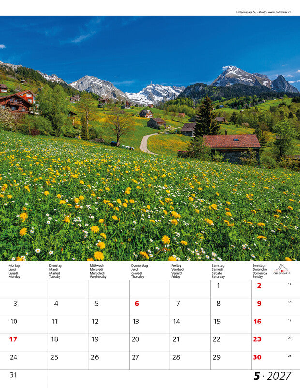 Calendaria Berge und Täler der Schweiz – Bildkalender Schweiz 2027 – 30 × 40 cm – Kalendarium d/f/i/e