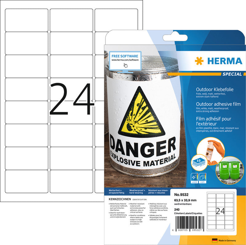 HERMA Druckeretiketten, 63,5 mm × 33,9 mm, weiss, Folie, extra stark, 240 Etiketten (10 Blatt)