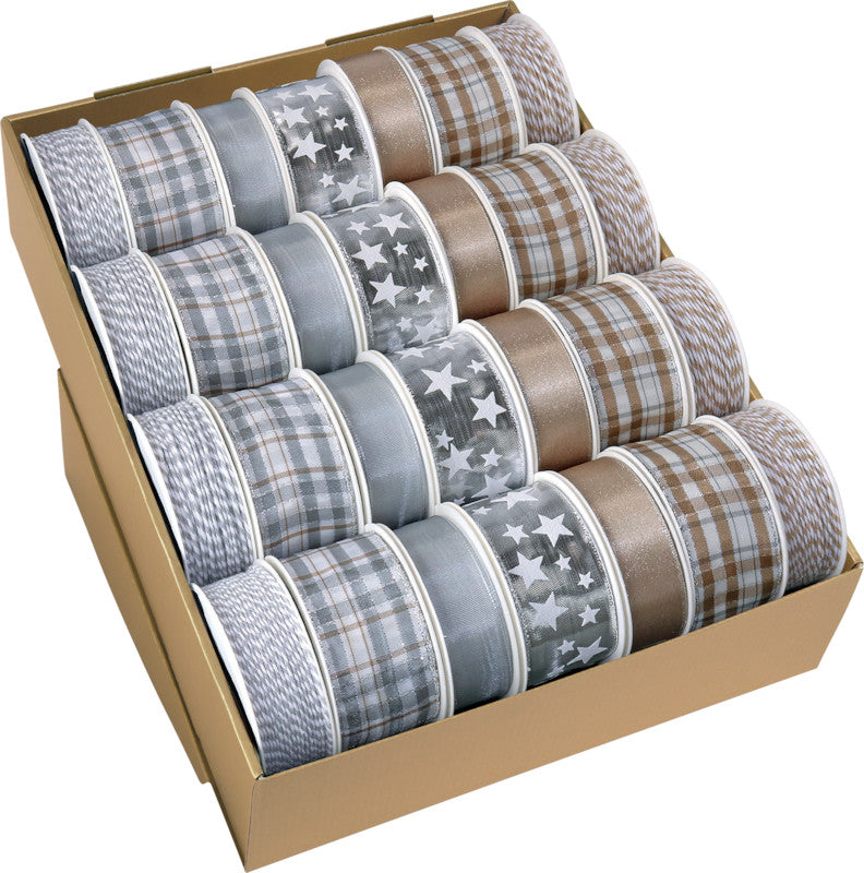Präsent Geschenkband Christmas Trends – Weihnachten, Silber/Taupe – mit Drahtkante, Seide