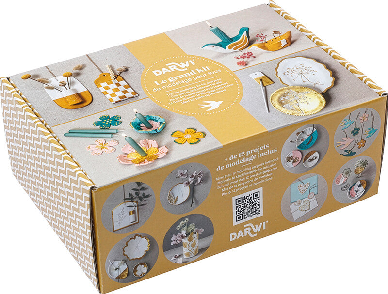 Darwi Modellierset – 1 kg Modelliermasse, 5 Acrylfarben, Stempelset, 2 Pinsel