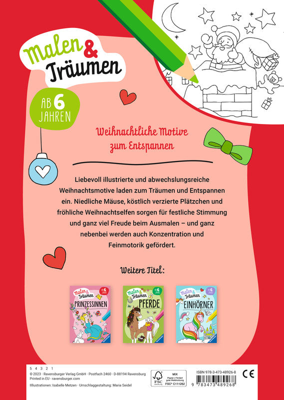 Ravensburger Malen & Träumen Weihnachten Malbuch, Karton, 21 × 29,4 cm, mehrfarbig, ab 6 J., 24 Seiten