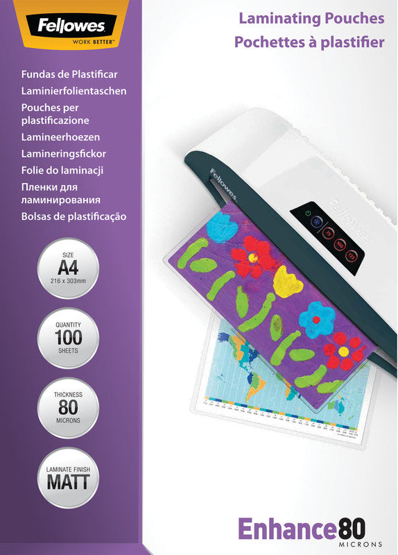 Fellowes Laminierfolien A4, matt – 80 µm, 216 × 303 mm, 100 Stk.