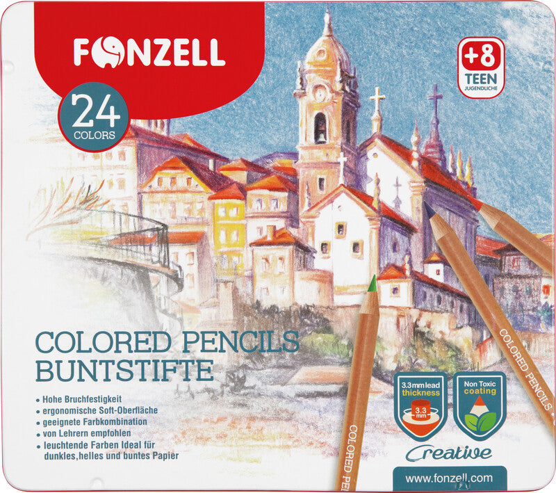 Fonzell Creative Farbstifte-Set – 24 Farben, rund, Mine Ø 3,3 mm, Metallschachtel