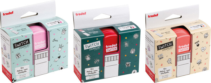 Trodat Weihnachts-Motivstempel – selbstfärbend, 10 Textplatten, 19 × 19 mm, 2 Kissen (rot/schwarz), Englisch