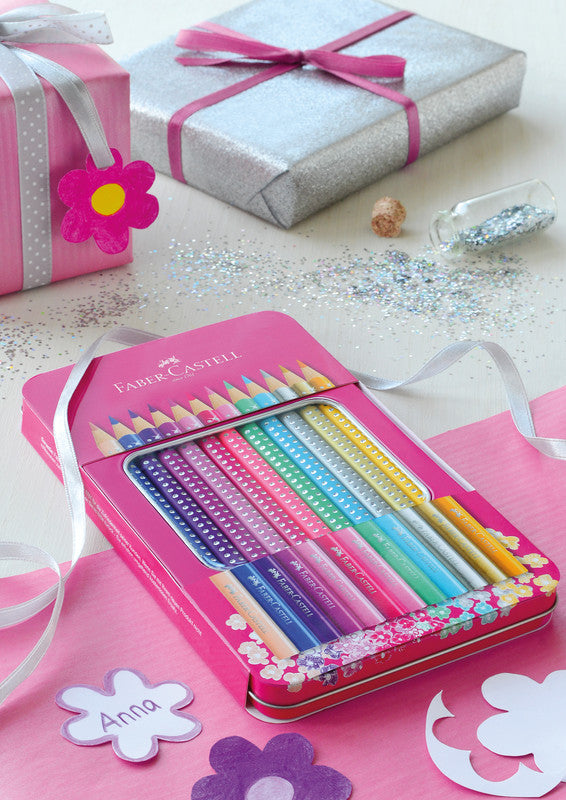 Faber-Castell Aquarellfarbstifte Grip Sparkle – 12 Farben, im Metalletui, Ø 3 mm, dreikantig, FSC