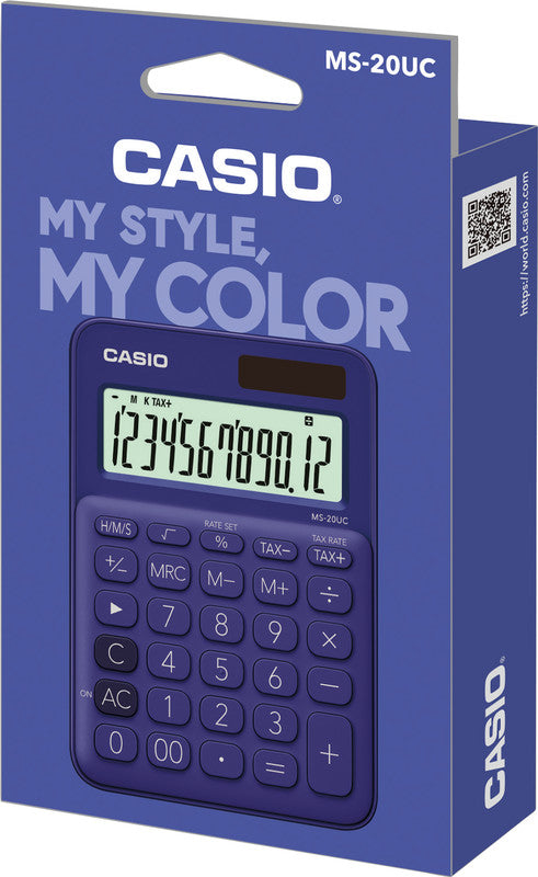 Casio Tischrechner MS-20UC – 12-stellig, LCD, Prozent/Währung, Solar + Batterie, Violett