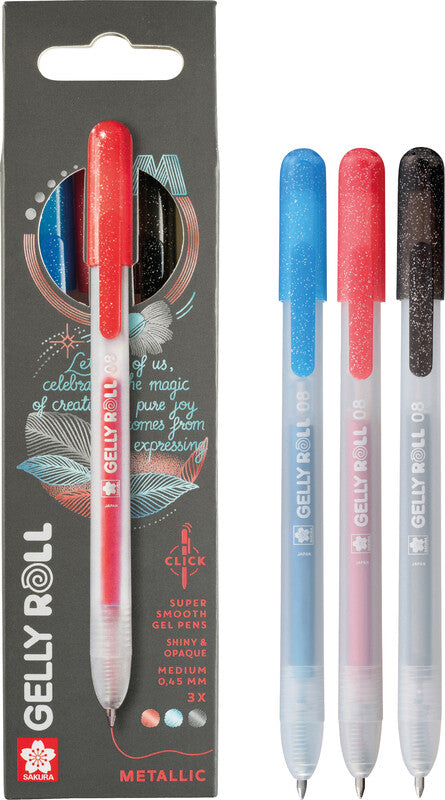 Sakura Gelly Clicker Metallic Gelschreiber 3er Set – 3 Farben, 0,5 mm, schnelltrocknend, Druckmechanik