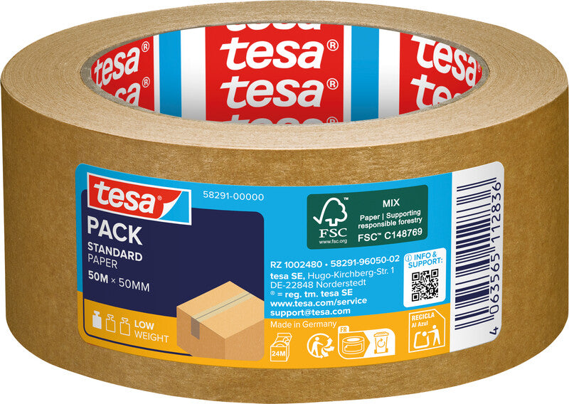 TESA Papier-Verpackungsband – permanent, glatt, 50 mm × 50 m, braun, Kern Ø 76 mm