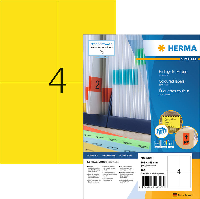 HERMA Etiketten auf Bogen, 105 mm × 148 mm, Gelb, Papier, Permanent haftend, 100 Blätter (400 Etiketten)