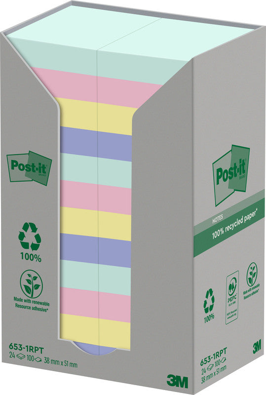Post-it Haftnotizen Recycling Tower – 51×38 mm – sortiert, 24×100 Blatt, PEFC