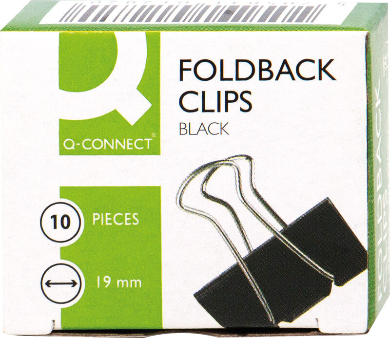 Q-CONNECT Büroklammern – Foldback-Clips – 19 × 8,3 mm – Metall – Schwarz – 10 Stück