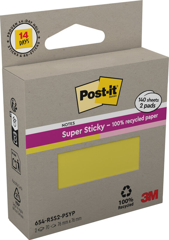 Post-it Super Sticky Haftnotizen – 76×76 mm – sortiert (gelb, rosa), 2×70 Blatt