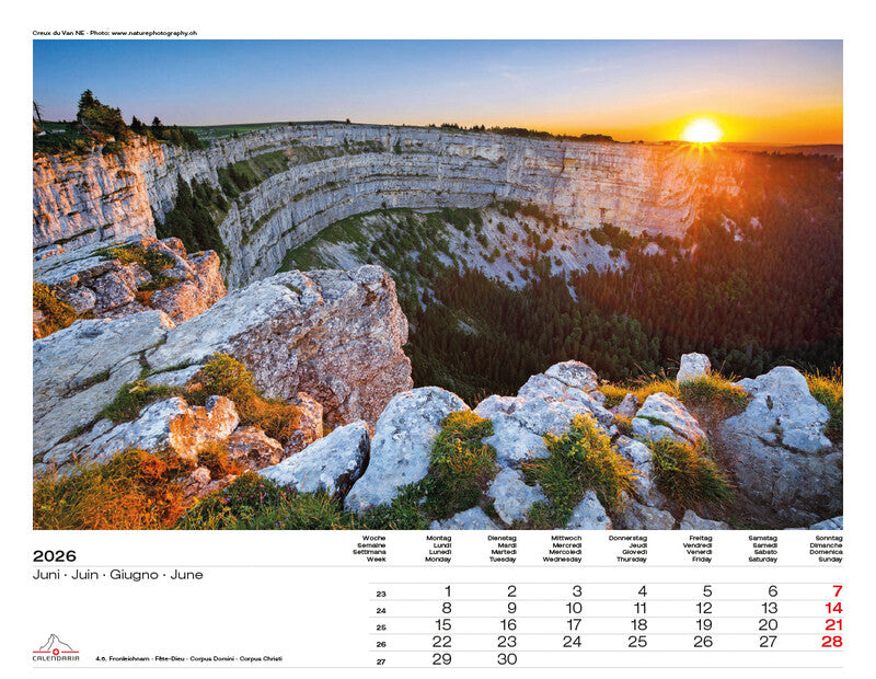Calendaria Bildkalender Swiss Panorama 2026 – 40 × 31 cm – mit Aufhänger, mit Kartonrückwand