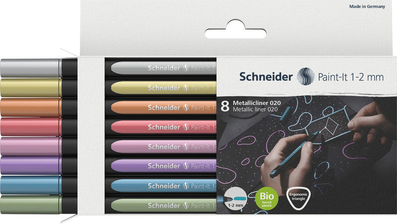 Schneider Schreibgeräte Schneider Paint Marker Paint-It 020 – Rundspitze 1-2 mm – Sortiert – 8er-Set – Für dunkle Oberflächen geeignet