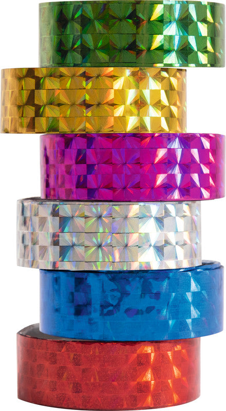 Folia Washi Tape (Deko) – mit Abroller – permanent, holografisch, 12 mm × 2 m, farbig sortiert, 6 Rollen