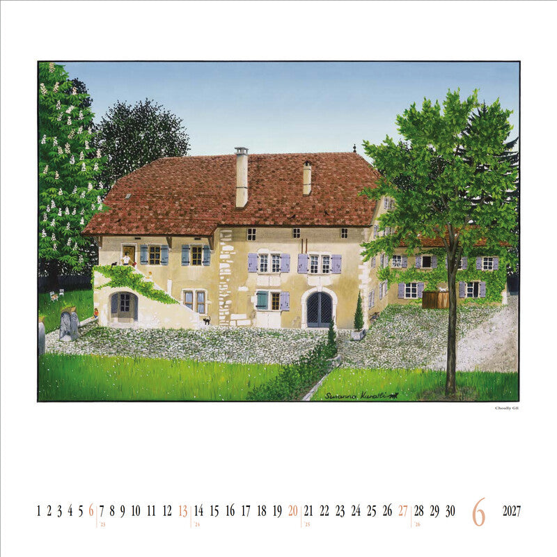 Kuratli Kunstkalender Susanna Bauernhäuser 2027 – 42 × 42 cm – mit Aufhänger, mit Kartonrückwand