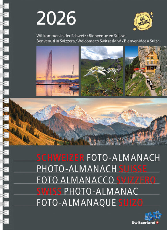 Calendaria Schweizer Foto-Almanach Agenda – 1 Woche pro Seite, Spiralbindung, A5, 2026, mehrsprachig, mehrfarbig