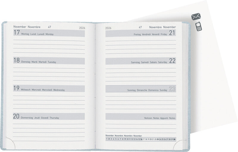 Biella Memento Agenda – 1 Woche/2 Seiten, gebunden, 10,1 × 14,2 cm, 2026, mehrsprachig, hellblau, FSC