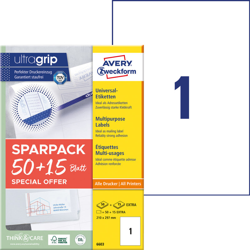 Avery Druckeretiketten, 210 mm × 297 mm, weiss, Papier, permanent, 65 Blatt