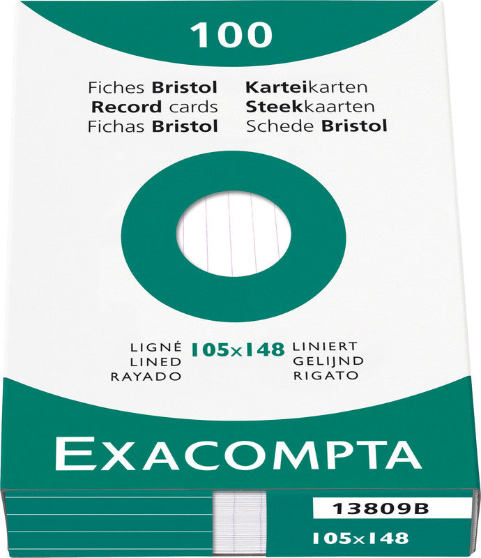 Exacompta Karteikarten A6 quer, liniert, weiss, 205 g/m², Karteikarton – 100 Stück