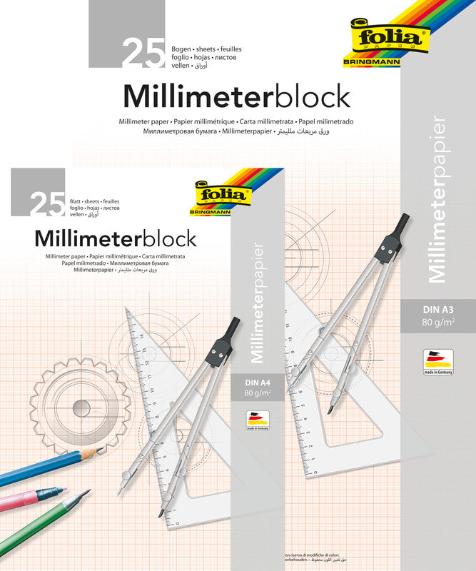 Folia Millimeterpapier-Block A4 – Rotes Netz, einseitig, 80 g/m², 25 Blatt