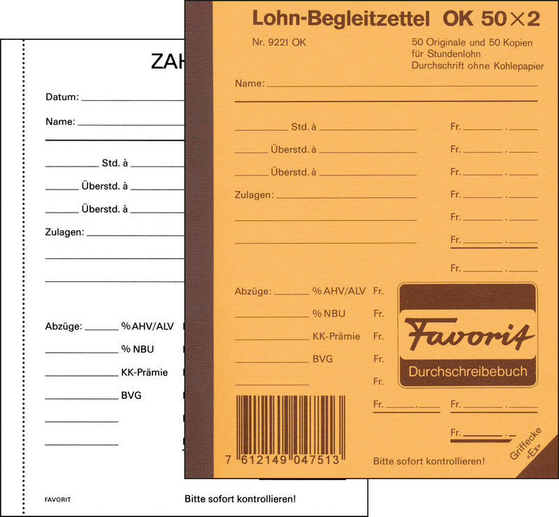 Favorit Formularblock – Zahltag-Begleitzettel, Deutsch, 50 Blatt, A6